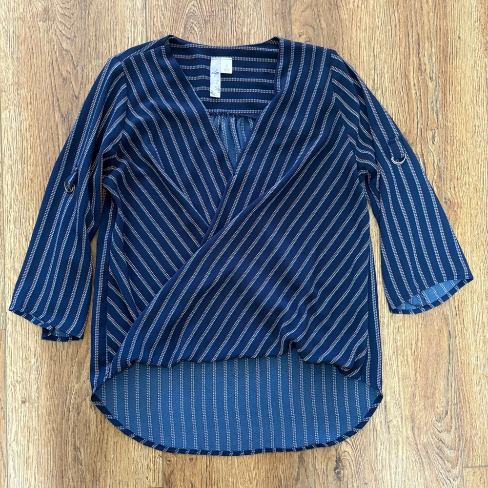 Alya Blue Striped Wrap Front Roll Tab Sleeve High Low Blouse USA Made Womens S